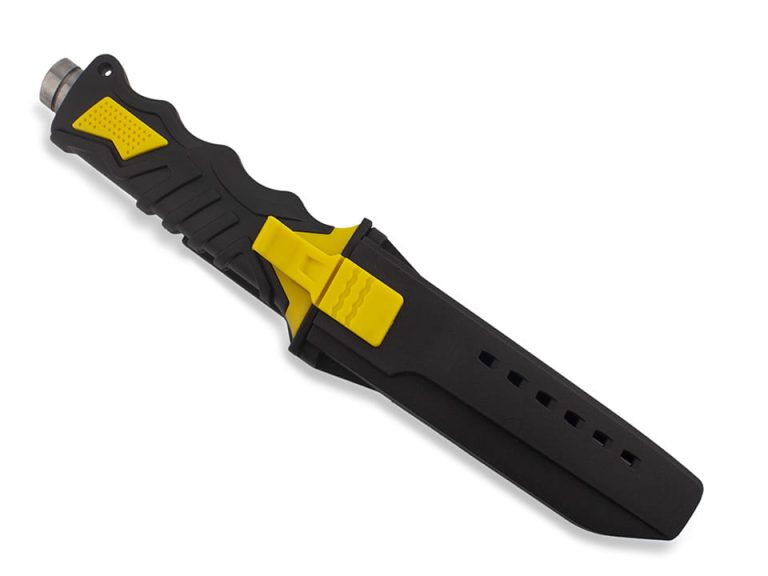 Potapljaški nož Depth Cutter – rumen diving nož 420 z etuijem