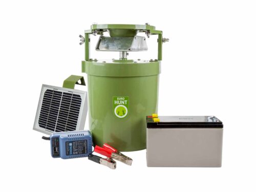 AVTOMATSKA KRMILNA NAPRAVA EUROHUNT LIGHT 12 V – KOMPLET S SOLARNIM PANELOM, BATERIJO IN POLNILCEM